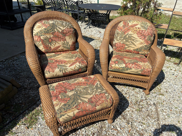 B-All Weather Wicker Chair Pair and Ottoman w/Sunbrella Fabric Cushioms