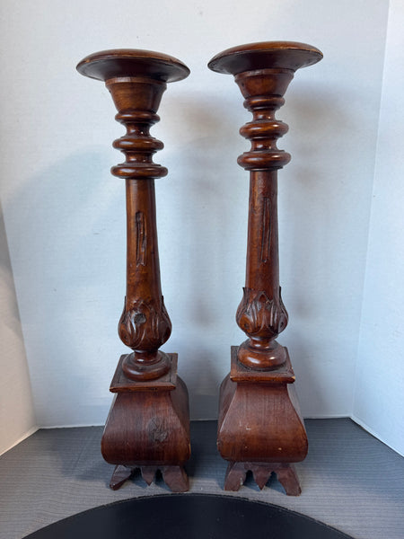 Pair of Large Hand Carved Vintage Wooden Pillar Candleholders