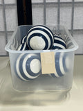 White and Glitter Blue Stripe Glass Ornaments. 7 pc