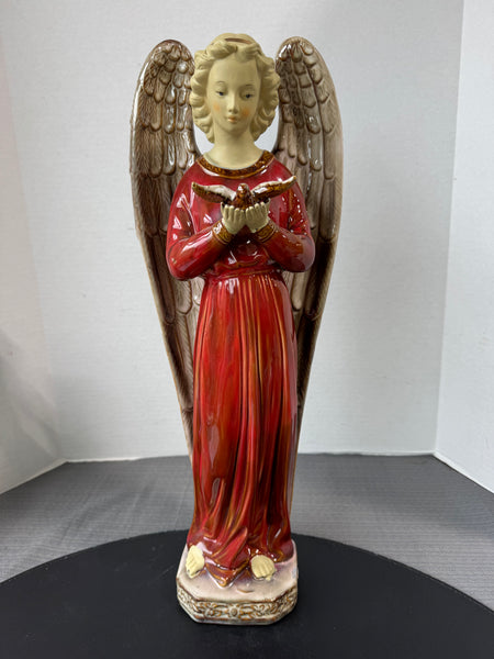 (A) Majolica Style Glazed Pottery Angel with Dove Figurine