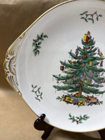 Spode England Christmas Tree Gold Filigree Handled Cake Plate