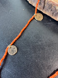 Long Gold Tone Disc & Orange Beaded Necklace & Stretch Bracelet Set