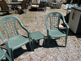 (3) Plastic Patio Chairs with (2) Plastic Side Tables