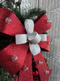 Faux Fir Glittery Bow Swag with Red & White Ornaments