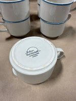 9 Piece Stoneware With Blue Trim Coffee Mugs And Creamer