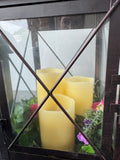 Trio of Distressed Bronzed Metal Lanterns with 3 Flameless Candles (WORKS)