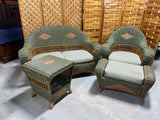 Green & Brown Wicker Set: Sofa, Chair, Ottoman and Side Table: Comes with Cushions
