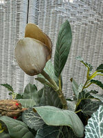 Faux Magnolia Bud & Greenery Arrangement in Textured Metal Planter