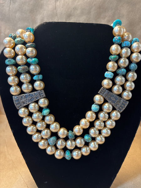 Multi-Strand Necklace with Faux Pearls & Turquoise