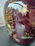 Nagoya Japanese Burgundy Floral Birds Flattened Ceramic Vase