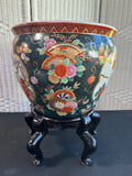 Chinese Floral Birds Ceramic Koi Fishbowl Planter on Wooden Stand