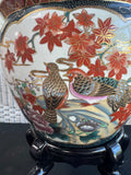 Chinese Floral Birds Ceramic Koi Fishbowl Planter on Wooden Stand