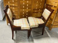 Pair of Antique Chairs with Front Casters and Plaid Fabric