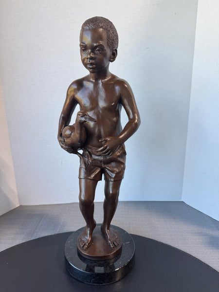 Signed & Numbered Charles Cropper Parks Bronze & Marble Boy with Duck Sculpture