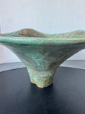 Signed Handcrafted Green Raku Pedestal Pottery Bowl
