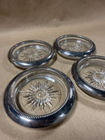Set Of 4 Leonard Silverplate Rimmed Starburst Glass Coasters // 2 Sets Available // *** PRICED INDIVIDUALLY ***