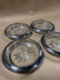 Set Of 4 Leonard Silverplate Rimmed Starburst Glass Coasters // 2 Sets Available // *** PRICED INDIVIDUALLY ***