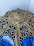 Art Nouveau Edward Miller Antique Brass & Blue Slag Glass Lamp Shade