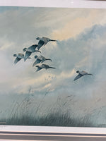 Signed Print of Geese Flying over Boathouse; Herb Jones