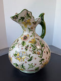 Large Italian Style Crackled Ceramic Floral Pitcher Vase