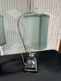 Pair of Modern Curved Chrome Lamps with Dusty Blue Shades (WORKS)