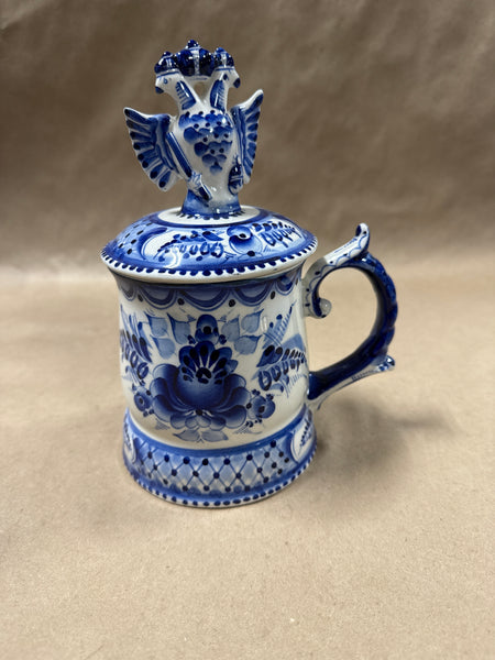 Gzhel Wekma Handmade In Russia Blue & White Porcelain Lidded Beer Stein