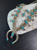 Hand Made Native American Navajo Silver Tone Turquoise Squash Blossom Necklace & Clip Earrings Set