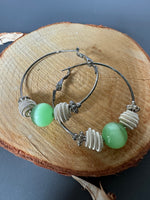 Green & Textured Silver Tone Beaded Hoop Earrings