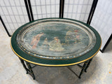 Green Painted Oval Coffee Table with Decorative Plastic Tray