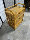 Curved Bent-Rattan Vintage Three Drawer Storage Unit; Side Handles and Woven Wicker Baskets