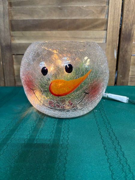 Snowman Face Crackle Glass Globe w/Sting of Lights