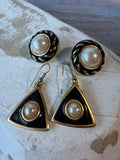 Pair of Black Enamel & Faux Pearl Gold Tone Earrings
