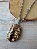 Brown & White Marbled Agate Stone Pendant Silver Tone Necklace