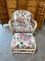 Wicker Chair and Ottoman with Floral Cushions