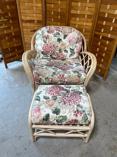 Wicker Chair and Ottoman with Floral Cushions
