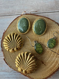 Trio of Green Stone Accented Gold Tone Earrings (E)