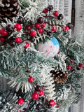 Faux Snowy Pine Wreath with Santa Ornaments