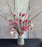 Faux Pink Saucer Magnolia Arrangement in Crackled Asian Inspired Ceramic Vase