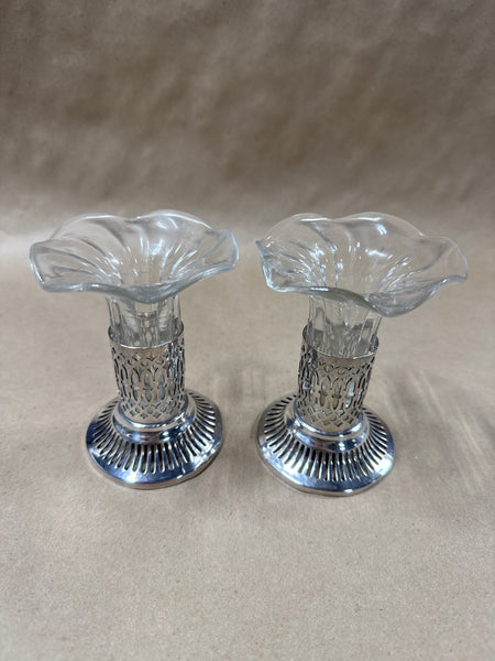 Set Of 2 Glass & SilverPlate Prince of Wales Makers Mark Bud Vase // 2 Sets Available // *** PRICED INDIVIDUALLY****