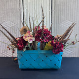 Faux Florals & Feathers Arrangement in Turquoise Wooden Woven Basket