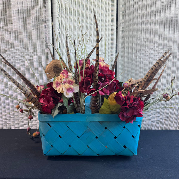 Faux Florals & Feathers Arrangement in Turquoise Wooden Woven Basket