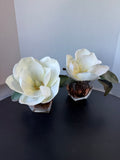 Pair of Faux Magnolia Arrangements in Glass Pots