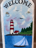 Arched Hand Painted Lighthouse Welcome Sign - Stone Slab