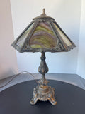 Ornate Antique Brass & Slag Stained Glass Lamp (WORKS)