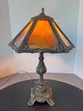 Ornate Antique Brass & Slag Stained Glass Lamp (WORKS)