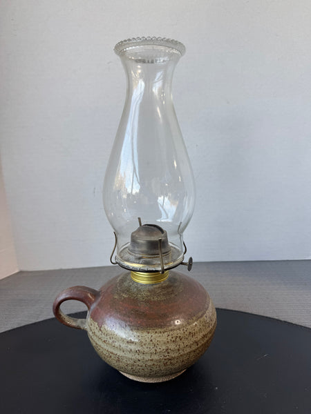 Signed Studio Pottery Oil Lamp with Eagle Burner & Hurricane