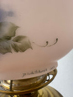 Pink Fenton Burmese Style Brass Lamp with Hand Painted Signed Floral Shade (WORKS)