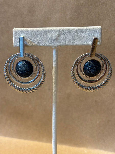 Silver Tone Earrings with Charcoal-Like Stone