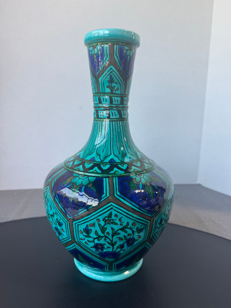 (A) Vintage Hand Painted Bohemian Cobalt Accented Safi Bottle Vase
