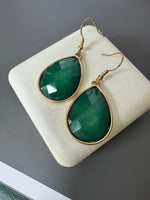 Green Faceted Teardrop Gold Tone Earrings